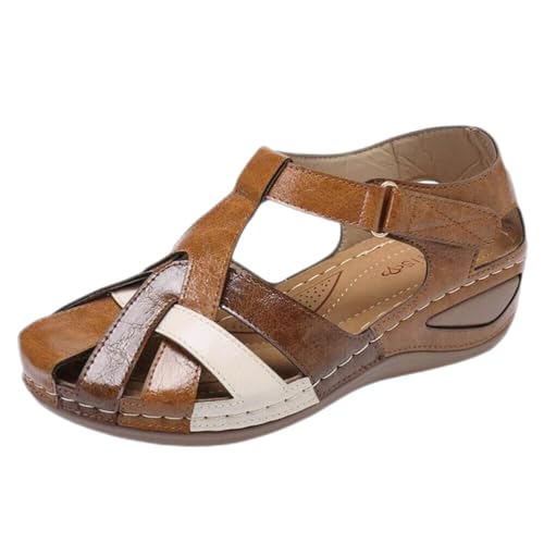 Minetom Geschlossene Sandalen Damen Faux Leder Arbeitsschuhe Sommerschuhe Bequeme Freizeit Flache Sandaletten Wandern Sport Sommer Strand Klettverschluss Sandalen A Khaki 38 EU von Minetom