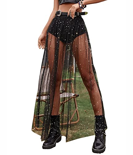 Minetom Glitzer Rock Damen Party Rock Mit Mesh Transparent Rock Mit Hose Drunter 2 In 1 Rock Strand Röcke Clubwear A Schwarz XL von Minetom