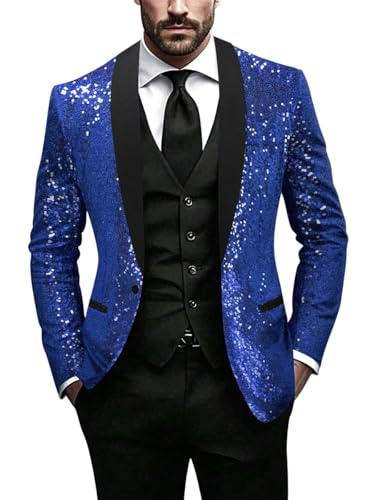 Minetom Glitzer Sakko Herren Hochzeit Party Pailletten Blazer Slim Fit Männer Anzug EIN Knopf Jackett Silvester Party Glänzende Anzugjacke Performance Kostüm A Blau XXL von Minetom