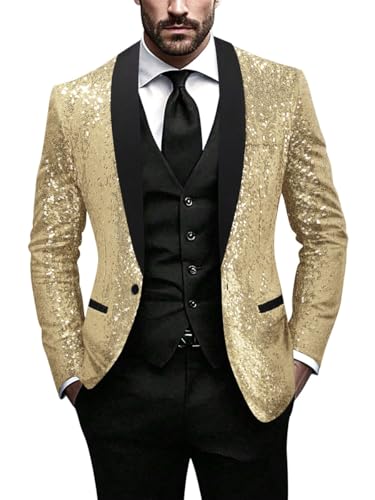 Minetom Glitzer Sakko Herren Hochzeit Party Pailletten Blazer Slim Fit Männer Anzug EIN Knopf Jackett Silvester Party Glänzende Anzugjacke Performance Kostüm A Gold XXL von Minetom