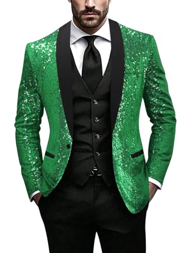 Minetom Glitzer Sakko Herren Hochzeit Party Pailletten Blazer Slim Fit Männer Anzug EIN Knopf Jackett Silvester Party Glänzende Anzugjacke Performance Kostüm A Grün XXL von Minetom