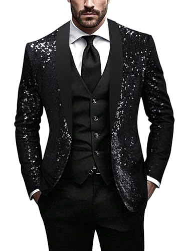 Minetom Glitzer Sakko Herren Hochzeit Party Pailletten Blazer Slim Fit Männer Anzug EIN Knopf Jackett Silvester Party Glänzende Anzugjacke Performance Kostüm A Schwarz XL von Minetom