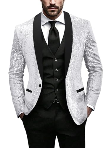 Minetom Glitzer Sakko Herren Hochzeit Party Pailletten Blazer Slim Fit Männer Anzug EIN Knopf Jackett Silvester Party Glänzende Anzugjacke Performance Kostüm A Silber XXL von Minetom