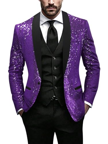 Minetom Glitzer Sakko Herren Hochzeit Party Pailletten Blazer Slim Fit Männer Anzug EIN Knopf Jackett Silvester Party Glänzende Anzugjacke Performance Kostüm A Violett M von Minetom