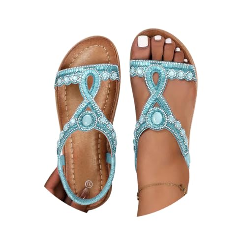 Minetom Glitzer Sandalen Damen Sommer Elegant Flach Strass Mädchen Frauen Bequem Weichen Sohlen Gummiband Slingback Sandaletten Strandschuhe A Grün 38 EU von Minetom
