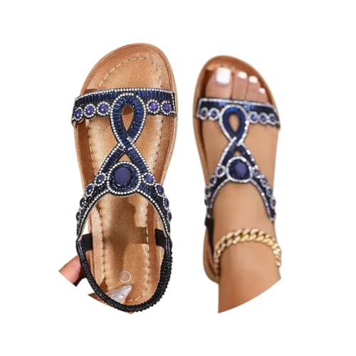 Minetom Glitzer Sandalen Damen Sommer Elegant Flach Strass Mädchen Frauen Bequem Weichen Sohlen Gummiband Slingback Sandaletten Strandschuhe A Marine 41 EU von Minetom