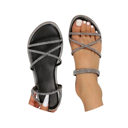 Minetom Glitzer Sandalen Damen Sommer Strass Elegant Flach Schuhe Frauen Bequem Weichen Sohlen Strand Sandaletten A Schwarz 36 EU von Minetom