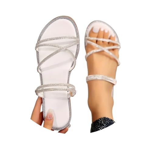 Minetom Glitzer Sandalen Damen Sommer Strass Elegant Flach Schuhe Frauen Bequem Weichen Sohlen Strand Sandaletten A Weiß 42 EU von Minetom