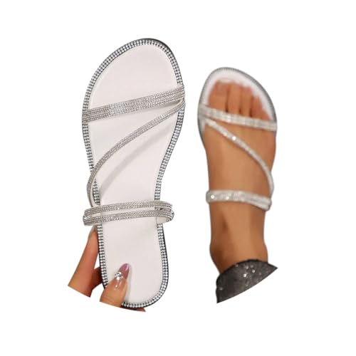 Minetom Glitzer Sandalen Damen Sommer Strass Elegant Flach Schuhe Frauen Bequem Weichen Sohlen Strand Sandaletten B Weiß 38 EU von Minetom