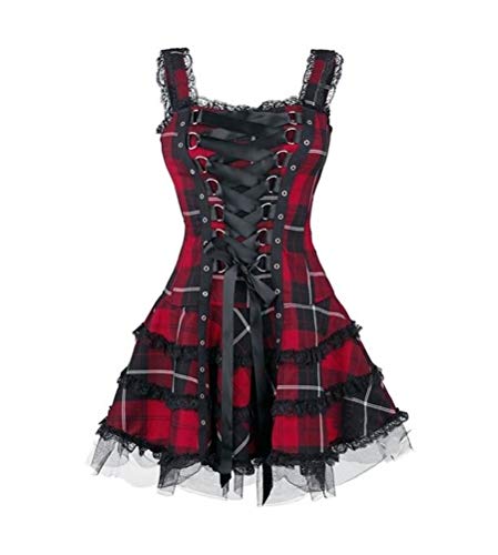 Minetom Gothic Kleid Damen Kariertes Schnüren Minikleid Strap Kleid Street Punk Halloween Cosplay Kleid Steampunk Vintage Rockabilly Kleid A Rot XL von Minetom