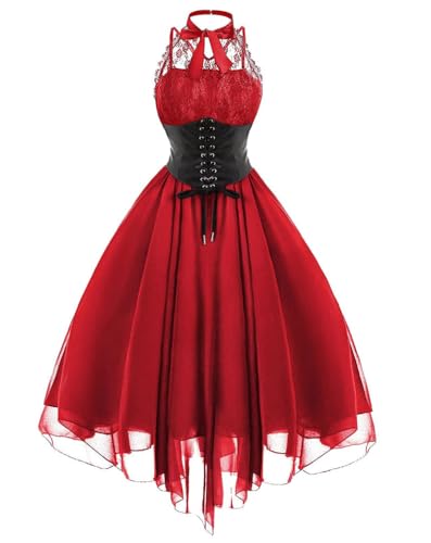 Minetom Gothic Kleidung Steampunk Kleid Damen Rockabilly Kleider A-Linie Kleid Chiffon Spitzenkleid Mittelalter Party Karneval Kostüm Halloween Kleid A Rot XS von Minetom