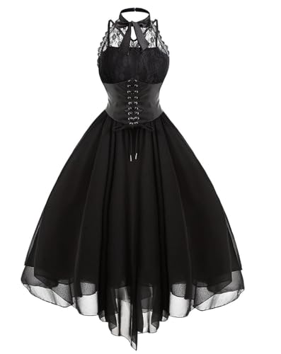 Minetom Gothic Kleidung Steampunk Kleid Damen Rockabilly Kleider A-Linie Kleid Chiffon Spitzenkleid Mittelalter Party Karneval Kostüm Halloween Kleid A Schwarz XS von Minetom