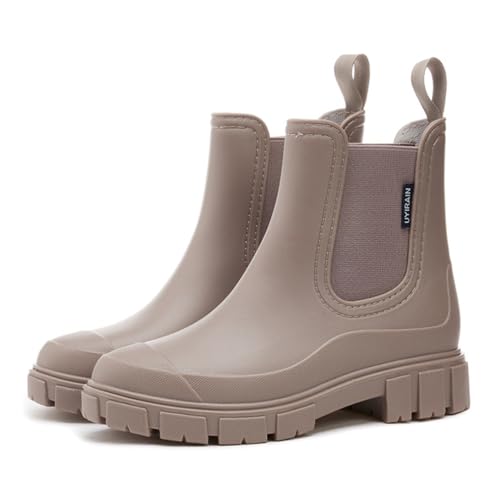 Minetom Gummistiefel Damen Wasserdicht Boots Halbhohe Regenstiefel Chelsea Mit rutschfest Sohle Modische Schlamm Kurze Stiefel Outdoor Arbeit Gartenschuhe A Khaki 40 EU von Minetom