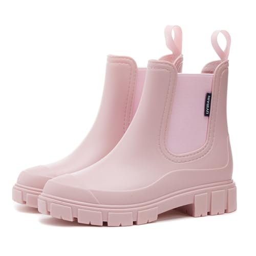 Minetom Gummistiefel Damen Wasserdicht Boots Halbhohe Regenstiefel Chelsea Mit rutschfest Sohle Modische Schlamm Kurze Stiefel Outdoor Arbeit Gartenschuhe A Rosa 37 EU von Minetom