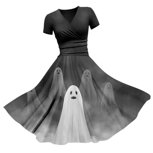 Minetom Halloween Kleid Damen V Ausschnitt Kurzarm Drucken Vintage Cocktailkleider Knielang Sexy Partykleid Festlich A-Linie Kleider Für Frauen Halloween Kostüm A Modell 01 XL von Minetom