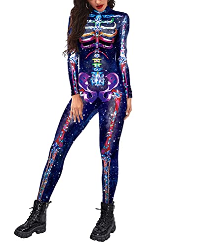 Minetom Halloween Kostüm Damen Skelett Overall Skinny Jumpsuit 3D Print Knochen Skeleton Anzug Cosplay Karneval Fasching A Dunkelblau S von Minetom