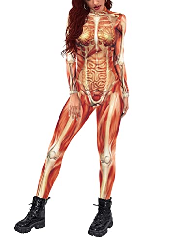 Minetom Halloween Kostüm Damen Skelett Overall Skinny Jumpsuit 3D Print Knochen Skeleton Anzug Cosplay Karneval Fasching A Orange XL von Minetom
