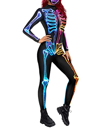 Minetom Halloween Kostüm Damen Skelett Overall Skinny Jumpsuit 3D Print Knochen Skeleton Anzug Cosplay Karneval Fasching A Schwarz 01 XL von Minetom