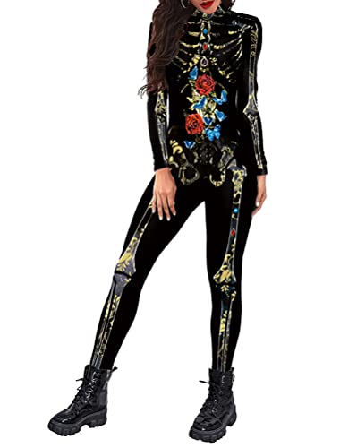 Minetom Halloween Kostüm Damen Skelett Overall Skinny Jumpsuit 3D Print Knochen Skeleton Anzug Cosplay Karneval Fasching A Schwarz 02 XS von Minetom