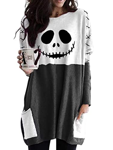 Minetom Halloween Shirts Kleid Für Frauen Langarm Pullover Tops Sweatshirt Kürbis Totenkopf Grafik Oversized Blusen C1 Schwarz L von Minetom