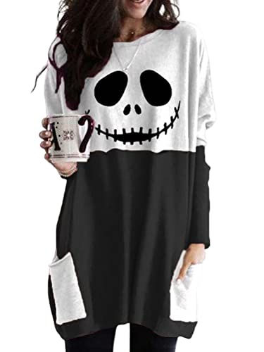 Minetom Halloween Shirts Kleid Für Frauen Langarm Pullover Tops Sweatshirt Kürbis Totenkopf Grafik Oversized Blusen C2 Schwarz S von Minetom