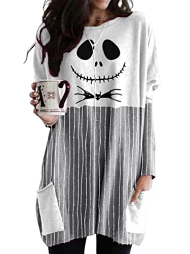 Minetom Halloween Shirts Kleid Für Frauen Langarm Pullover Tops Sweatshirt Kürbis Totenkopf Grafik Oversized Blusen D1 Grau M von Minetom