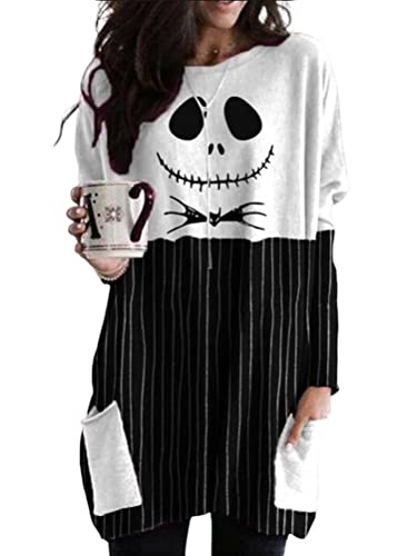 Minetom Halloween Shirts Kleid Für Frauen Langarm Pullover Tops Sweatshirt Kürbis Totenkopf Grafik Oversized Blusen D1 Schwarz L von Minetom