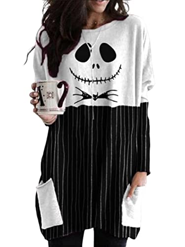 Minetom Halloween Shirts Kleid Für Frauen Langarm Pullover Tops Sweatshirt Kürbis Totenkopf Grafik Oversized Blusen D1 Schwarz XXL von Minetom