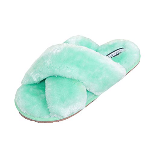 Minetom Hausschuhe Damen Winter Warm Kunstpelz Fluffy Plüsche Pantoffeln Indoor Home Leicht Slippers rutschfeste Bequem Flache Slippers B Grün 38/39 EU von Minetom
