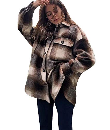 Minetom Hemdjacke Damen Kariertes Taschen Knöpfen Langarm Oversize Bluse Mantel Holzfällerjacke Mode Plaid Freizeithemd mit Brusttaschen Casual Übergangsjacke A Braun L von Minetom