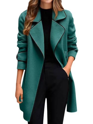 Minetom Herbst Mantel Damen Lang Revers Wollmantel Trenchcoat Wintermantel Elegant Winterjacke Mantel Übergangsjacke Mit Gürtel A Grün XXL von Minetom