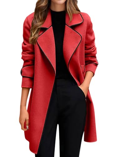 Minetom Herbst Mantel Damen Lang Revers Wollmantel Trenchcoat Wintermantel Elegant Winterjacke Mantel Übergangsjacke Mit Gürtel A Rot XXL Minetom Herbst Mantel Damen Lang Revers Wollmantel Trenchcoat Wintermantel Elegant Winterjacke Mantel Übergangsjacke Mit Gürtel A Rot XXL von Minetom
