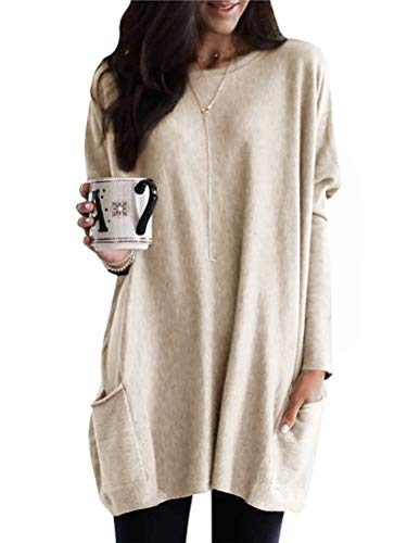 Minetom Herbst Pullover Damen Sweatshirt Oversize Oberteil Lässige Shirt Lange Bluse Langarmshirt Elegant Hemd Shirtkleid mit Zwei Taschen Khaki 48 von Minetom