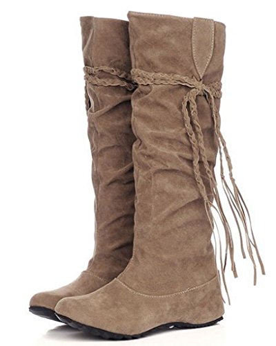 Minetom Herbst Und Winter Frauen Hohe Stiefel Mattoberflächen Höhe Erhöhen Schuhe Mit Quaste Rüschedekoration Khaki 38 von Minetom