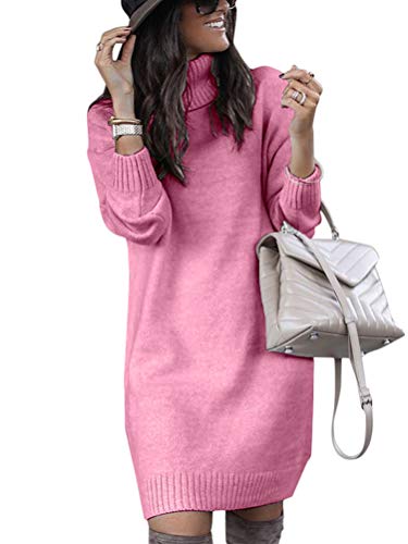 Minetom Herbst Winter Damen Pullover Sweater Strickkleid Warm Elegant Langarm Strickpullover Lang Rollkragen Tunika Kleid (Rosa, 42) von Minetom