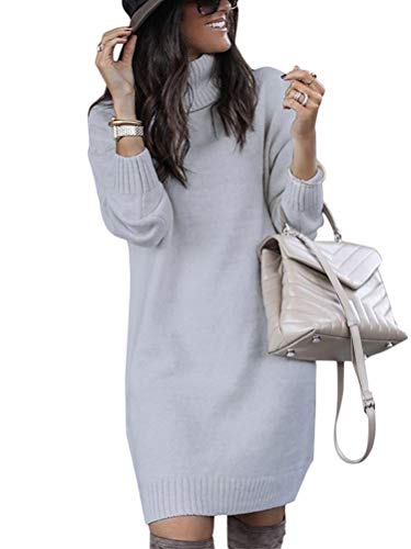 Minetom Herbst Winter Damen Pullover Sweater Strickkleid Warm Elegant Langarm Strickpullover Lang Rollkragen Tunika Kleid Grau 38 von Minetom