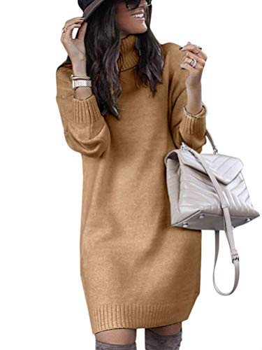 Minetom Herbst Winter Damen Pullover Sweater Strickkleid Warm Elegant Langarm Strickpullover Lang Rollkragen Tunika Kleid Khaki 46 von Minetom