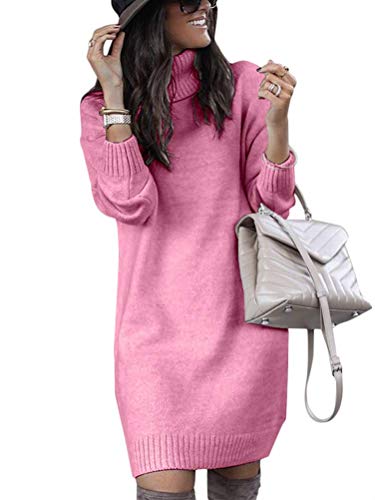 Minetom Herbst Winter Damen Pullover Sweater Strickkleid Warm Elegant Langarm Strickpullover Lang Rollkragen Tunika Kleid Rosa 38 von Minetom