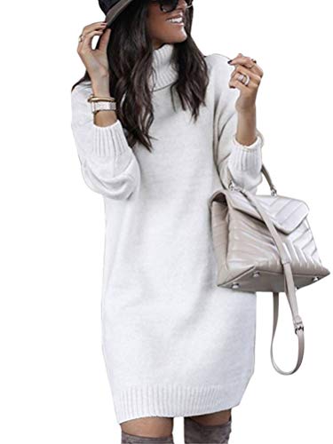Minetom Herbst Winter Damen Pullover Sweater Strickkleid Warm Elegant Langarm Strickpullover Lang Rollkragen Tunika Kleid Weiß 38 von Minetom