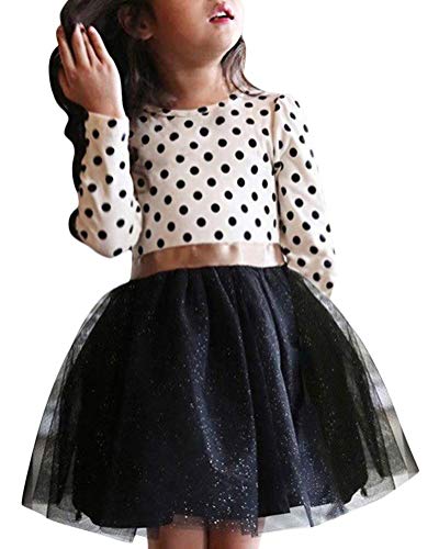 Minetom Herbst Winter Kleid Langarm Rockabilly Vintage Retro Kleider Mädchen Polka Dots Faltenrock mit Gürtel Bowknot Geschenke für Kinder Baby A Weiß 130 von Minetom