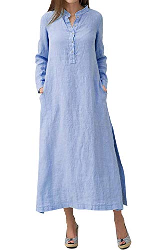 Minetom Herbst Winter Maxikleider Damen Leinenkleid Strandkleid Langes Kleid Retro Langarm Party Bluse Kleider Freizeitkleid mit Taschen Knopf Große Größen Blau DE 46 von Minetom