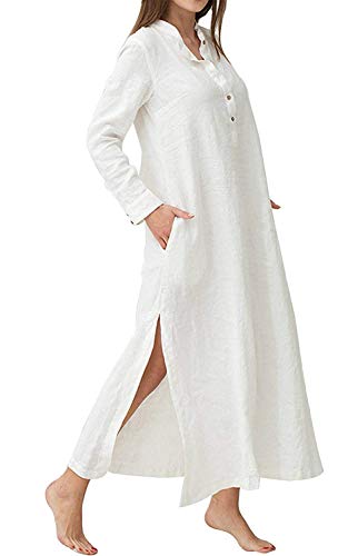 Minetom Herbst Winter Maxikleider Damen Leinenkleid Strandkleid Langes Kleid Retro Langarm Party Bluse Kleider Freizeitkleid mit Taschen Knopf Große Größen Weiß DE 44 von Minetom