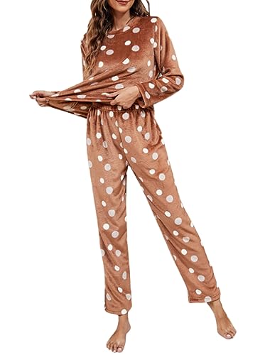 Minetom Herbst Winter Pyjamas Damen Mädchen Ensembles Warm Fleece Nachtwäsche Plüsch Schlafanzug Hausanzug Loungewear Oberteile und Hose Zweiteiliger Pyjama Set B Braun XS von Minetom