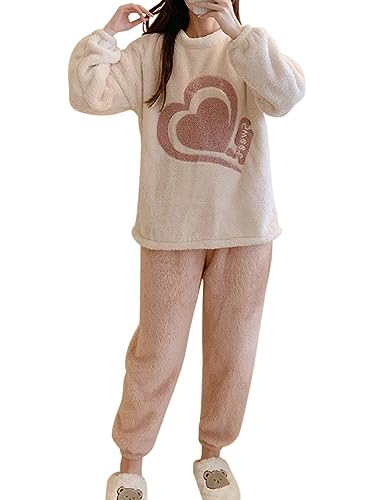 Minetom Herbst Winter Pyjamas Damen Mädchen Ensembles Warm Fleece Nachtwäsche Plüsch Schlafanzug Hausanzug Loungewear Oberteile und Hose Zweiteiliger Pyjama Set E Beige S von Minetom