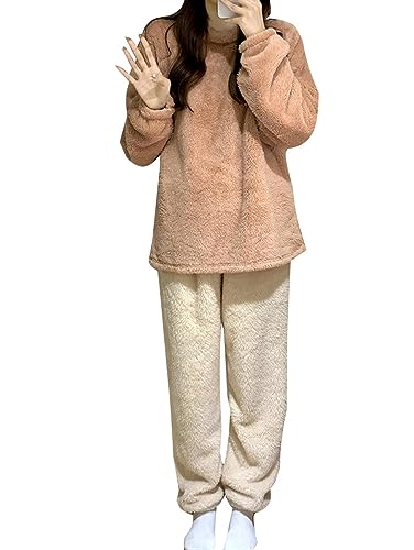 Minetom Herbst Winter Pyjamas Damen Mädchen Ensembles Warm Fleece Nachtwäsche Plüsch Schlafanzug Hausanzug Loungewear Oberteile und Hose Zweiteiliger Pyjama Set F Beige S von Minetom