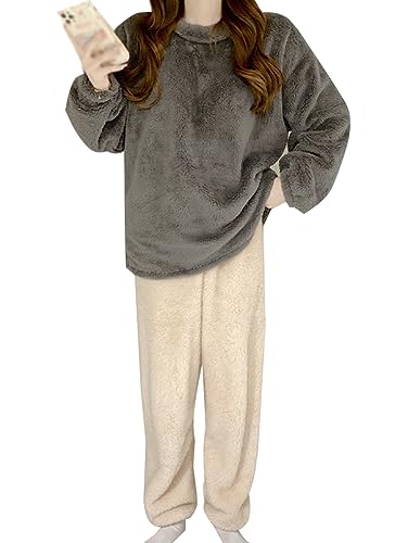 Minetom Herbst Winter Pyjamas Damen Mädchen Ensembles Warm Fleece Nachtwäsche Plüsch Schlafanzug Hausanzug Loungewear Oberteile und Hose Zweiteiliger Pyjama Set F Grau XS von Minetom