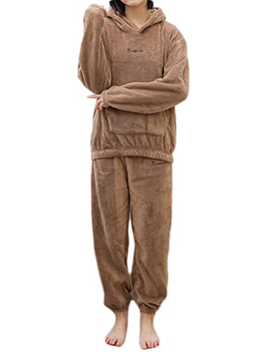 Minetom Herbst Winter Pyjamas Damen Zweiteiler Ensembles Warm Coral Fleece Nachtwäsche Flanell Plüsch Schlafanzug Langarm Kapuzenpullover Hoodie und Hose O Khaki 36 von Minetom