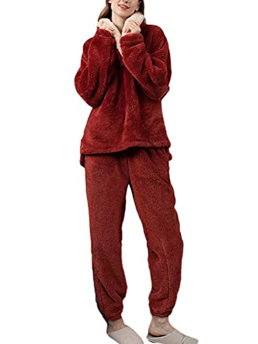 Minetom Herbst Winter Pyjamas Damen Mädchen Zweiteiler Ensembles Warm Coral Fleece Nachtwäsche Flanell Plüsch Schlafanzug Langarm Shirt und Hose M Rot 38 von Minetom