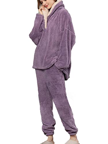 Minetom Herbst Winter Pyjamas Damen Mädchen Zweiteiler Ensembles Warm Coral Fleece Nachtwäsche Flanell Plüsch Schlafanzug Langarm Shirt und Hose M Violett 34 von Minetom