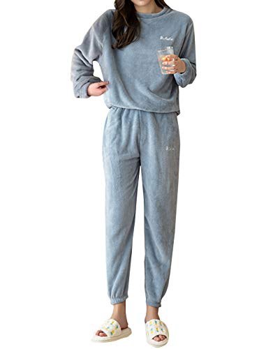 Minetom Herbst Winter Pyjamas Damen Zweiteiler Ensembles Warm Coral Fleece Nachtwäsche Süße Plüsch Schlafanzug Langarm Shirt und Hose A Blau 42 von Minetom
